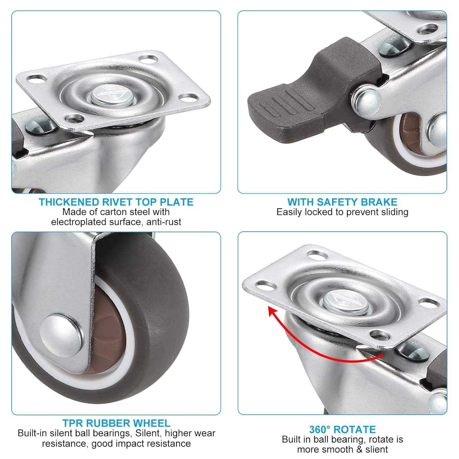 FRKSMD-1" Mini Swivel Caster Wheels with Brake, 4Pcs Chrome-Plated Top Plate TPR Silent 360° Wheel with Screws Total Load Capacity 66 Lbs for Furniture Workbench Trolley, Brown