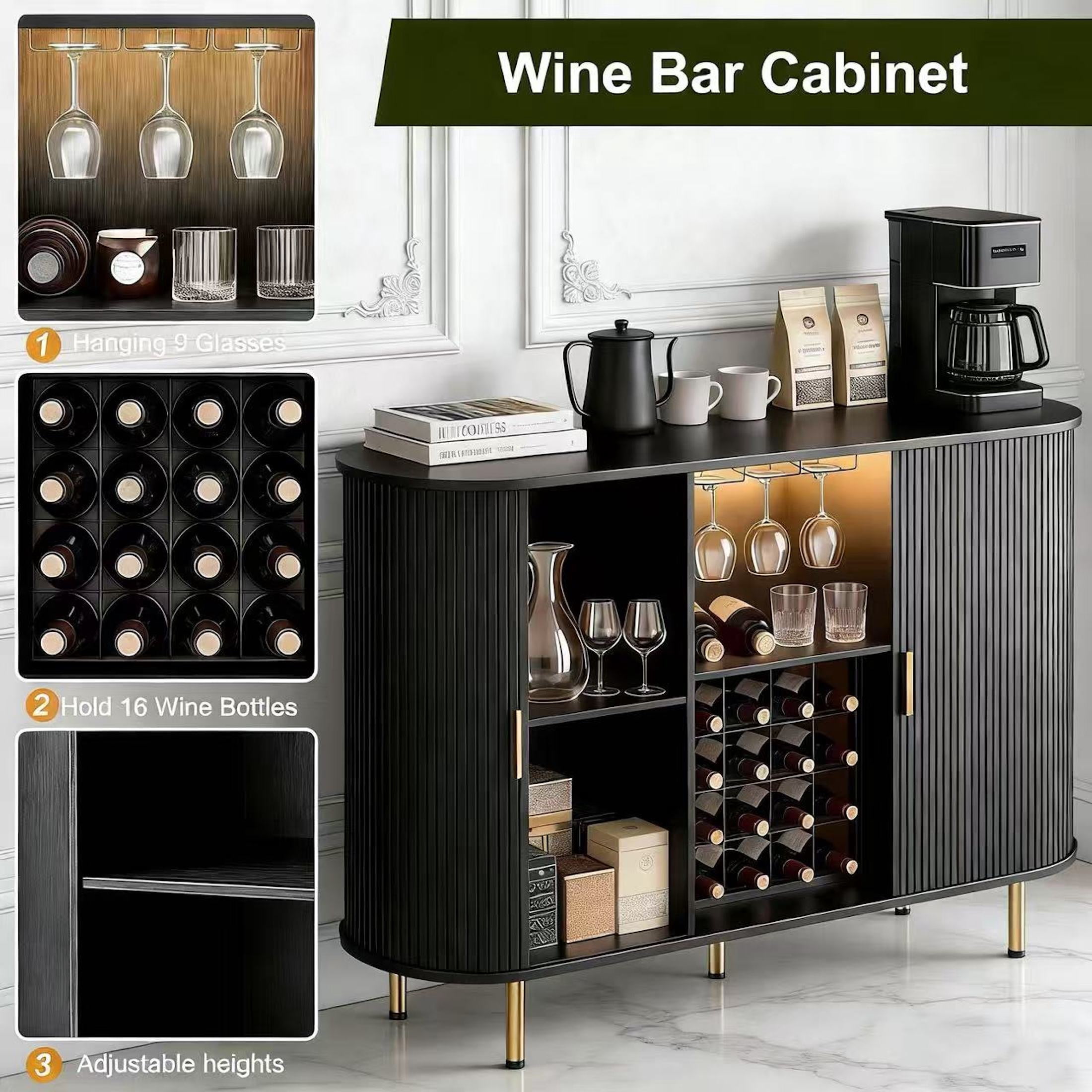 Aisword 55" Wine Bar Cabinet with Storage, Fluted Liquor Coffee Bar Cabinet with LED Lights, Buffet Sideboard, Black