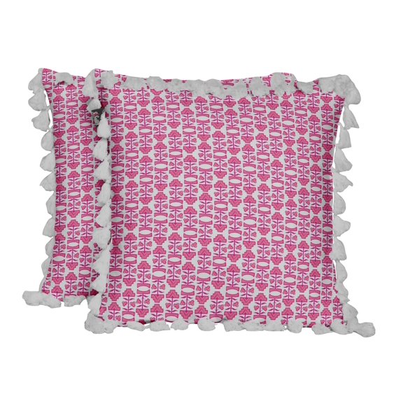 S4Sassy Leaves & Floral Block White Cotton Flex Tassel Sofa Cushion Case Home Decorative Square Pillow Cover Throw 2Pcs-18 x 18 Inches