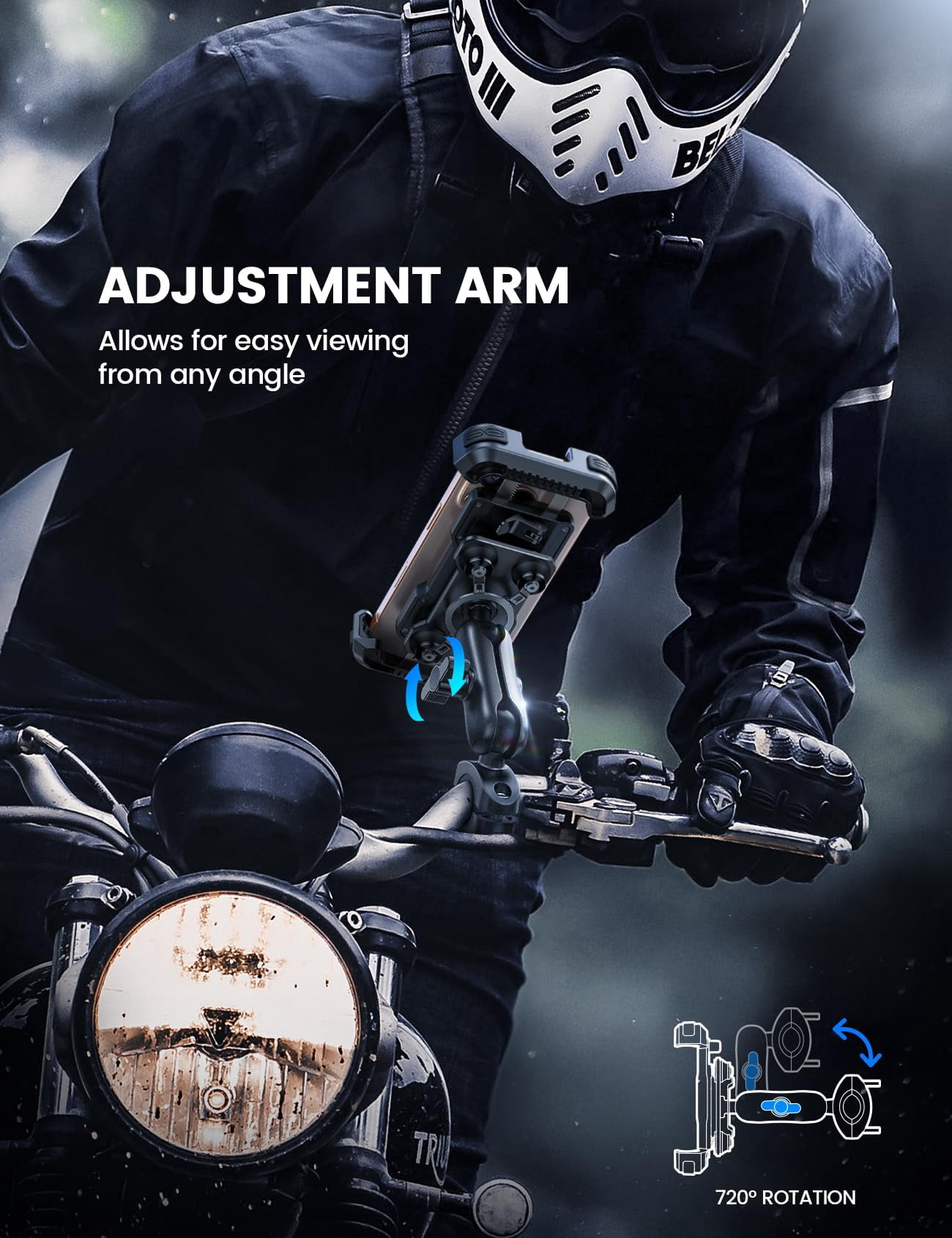 Motorcycle Phone Mount Holder - [Dual Vibration Dampener] [Metal Adjustment Arm] Motorcycle Cell Phone Holder, Bike Handlebar Phone Mount, Gifts for iPhone 16 15 14 Pro Max, 4.7-6.7" Phones