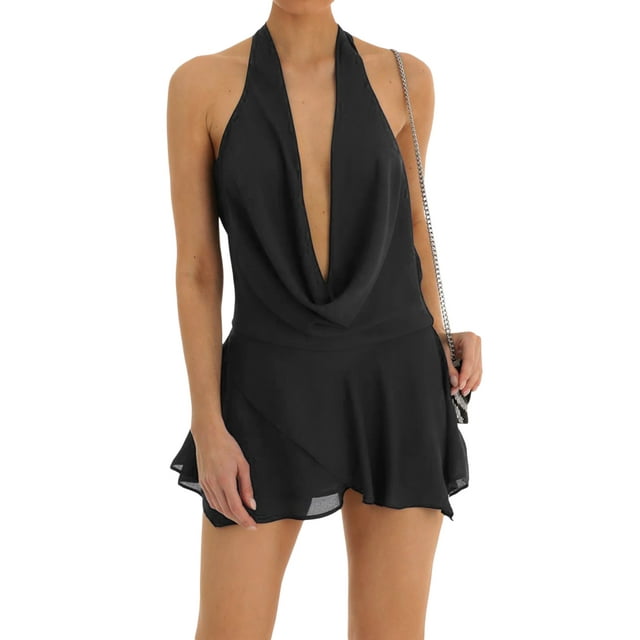 Fortune Robe Courte à Col Licou pour Femme, Dos Nu, Superposition Transparente, Robes