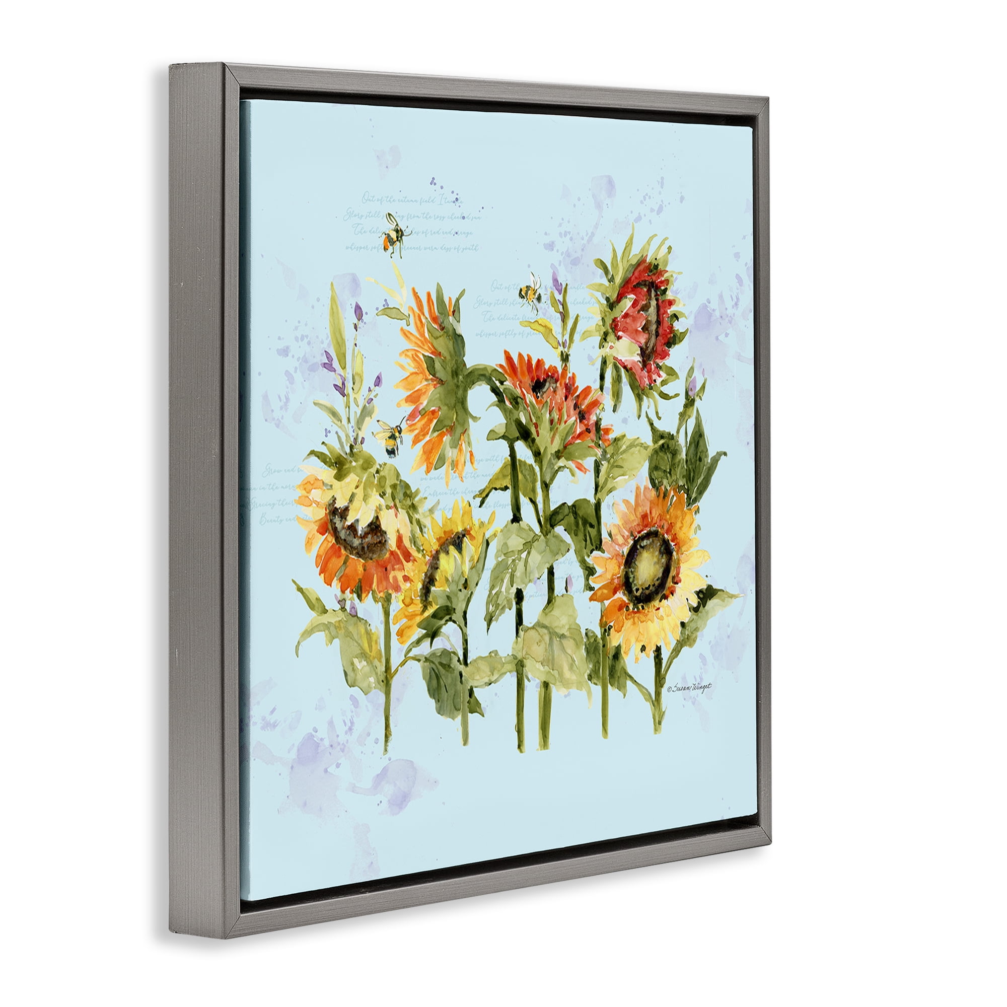 Stupell Industries Sunflowers & Bee on Blue Gray Framed Floater Canvas Wall Art, design by Susan Winget