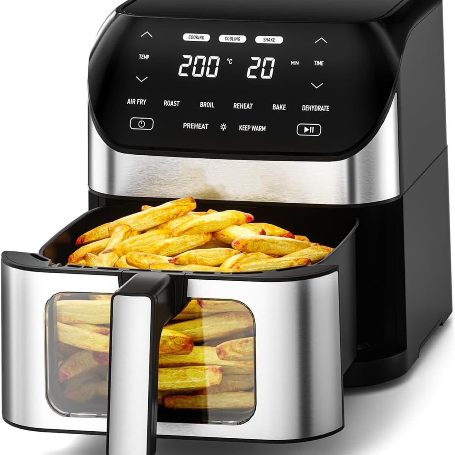 Air Fryer 6.2 QT Large Capacity Oilless Hot Air Fryers Oven 1500W Healthy Cooker with 10 Presets, Digital LCD Touch Screen, Visual Cooking Window, Non-Stick Basket, Included Recipe (Silver-L)