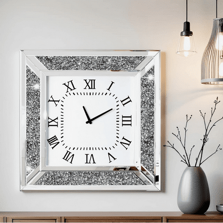Crush Diamond Mirrored Square Wall Clock with Sparkle Bling Diamond Decor for Wall Decoration 24in