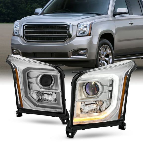 AKKON - Fits 2015-2020 GMC Yukon XL SLT/SLE [Halogen Type] Projector Chrome Headlights Pair w/LED Tube Turn Signal 15-20