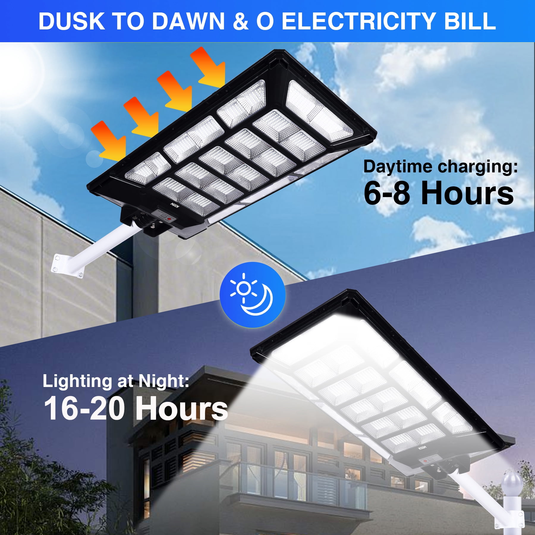 MUCH 10000W Solar Street Light Commercial, IP67 Waterproof Dusk to Dawn Motion Sensor Outdoor 320° Security Flood Light with Remote & Pole for Parking Lot Yard