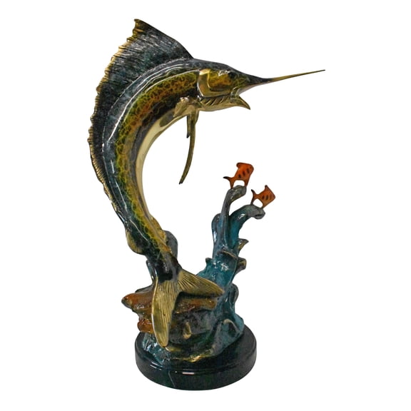 Swordfish with Two Small fish Bronze Statue on Marble - Size: 21"L x 13"W x 28"H