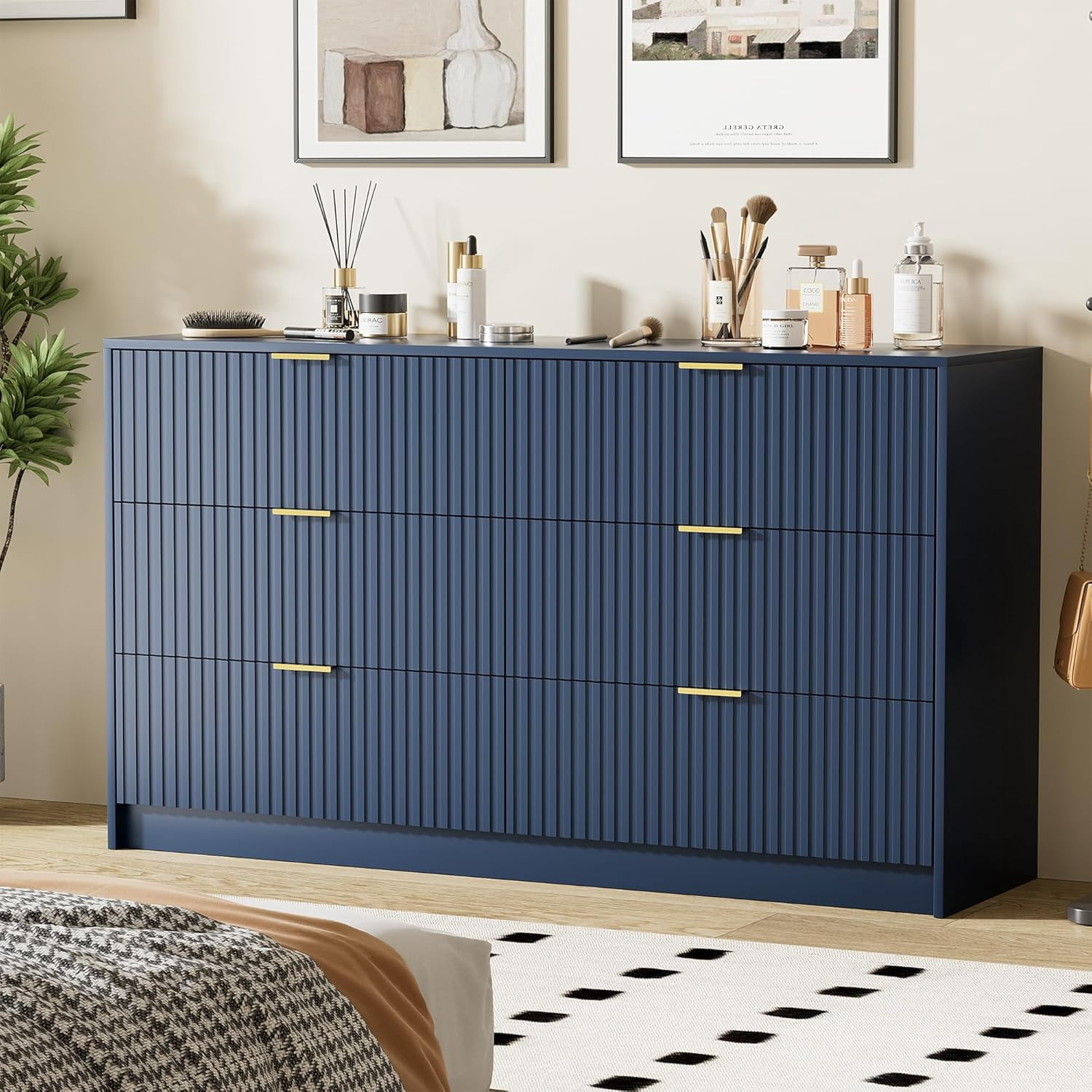 FURNIWAY Blue 6 Drawer Dresser for Bedroom, 55 Inch Wide Modern Chest of Drawers with Fluted Wood Front and Gold Metal Handles for Living Room Hallway