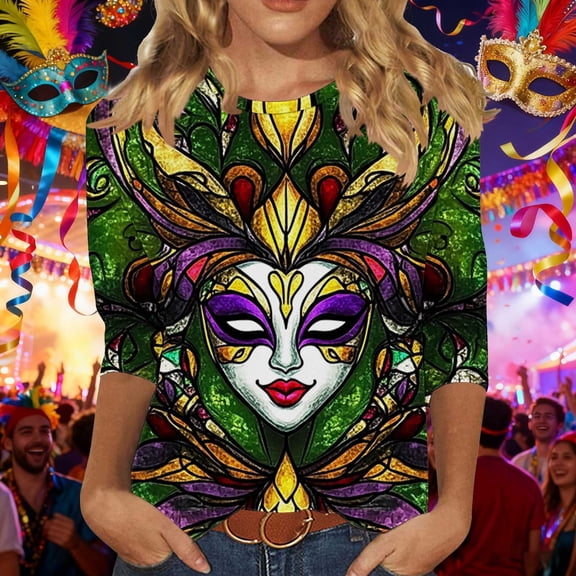 CYiJun Mardi Gras Clothing,Mardi Gras Sequin Top for Women,Sparkling 3/4 Sleeve Crewneck Party Shirt in Purple, Green & Gold
