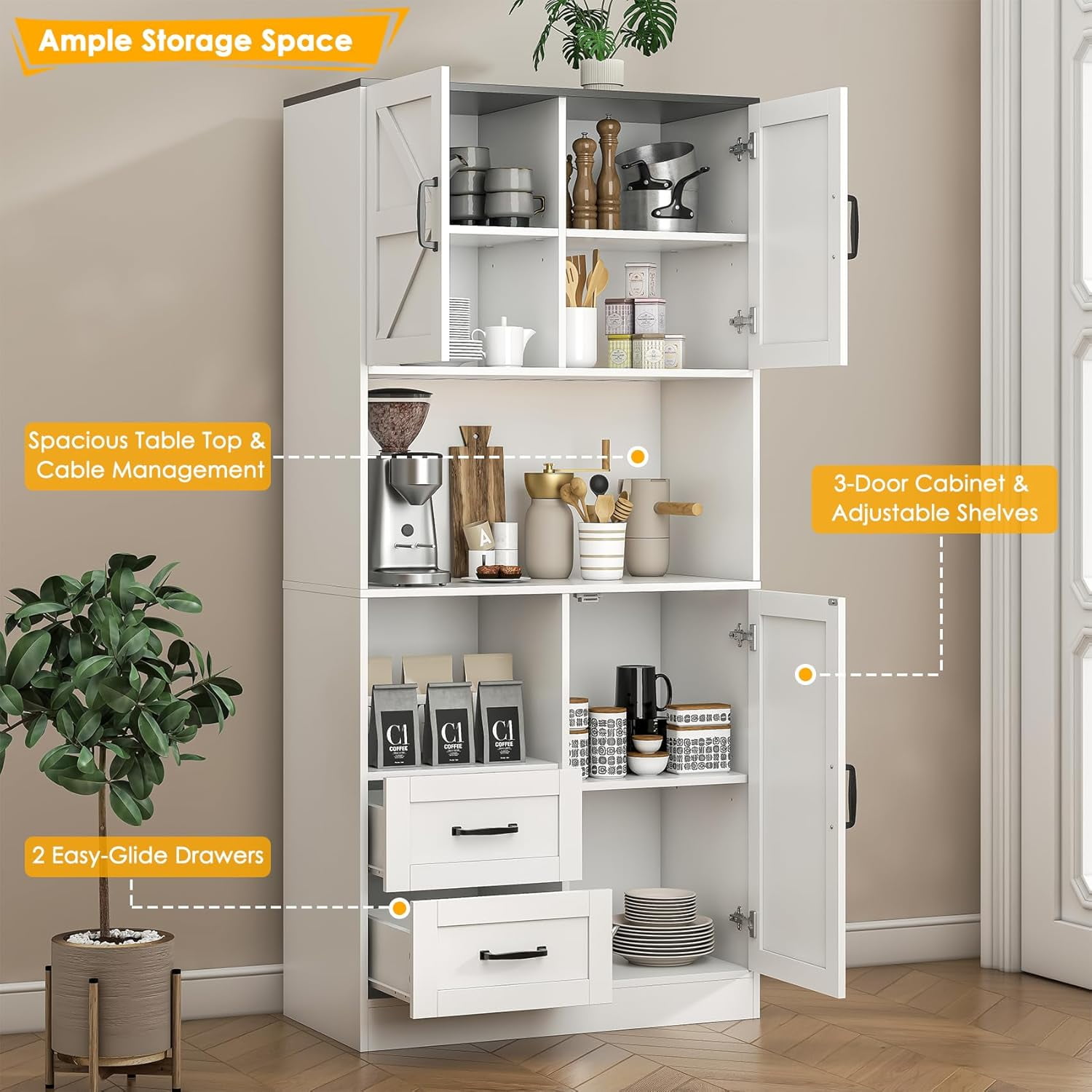 Winkalon 68'' Kitchen Pantry Hutch with Charging Station and LED Light, Buffet Storage Cabinet with Adjustable Shelves, White