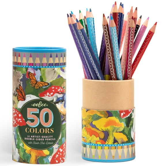 eeBoo Piece & Love: Double-Sided Colored Pencils -Mushroom - 25pc, 50 Color Set, Foil Design, Nature Illustrated Storage Tube, Artist-Quality, Adults