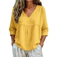 thumbnail image 4 of Lenpel Womens Cotton Linen Tops V Neck 3/4 Sleeve Solid Color Shirts Casual Loose Fit Fashion Lace Patchwork Blouses, 4 of 7