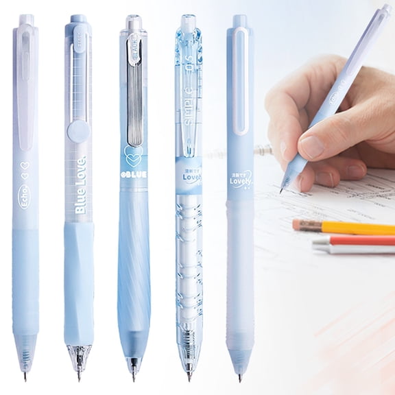 5 Count Blue Transparent Pastel Gel Ink Pens Set 0.5mm Fine Point Retractable Black Ink Click Gel Pens Aesthetic Journaling Writing Pens Nurse Office Supplies