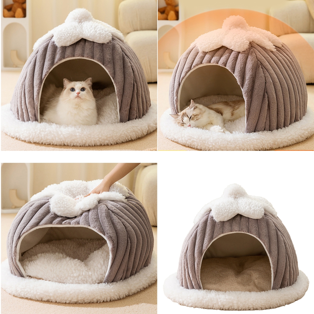 Necvior Cat Bed Deep Sleeping Bed Winter House Cute Pumpkin Shape Enclosed Pet Tent
