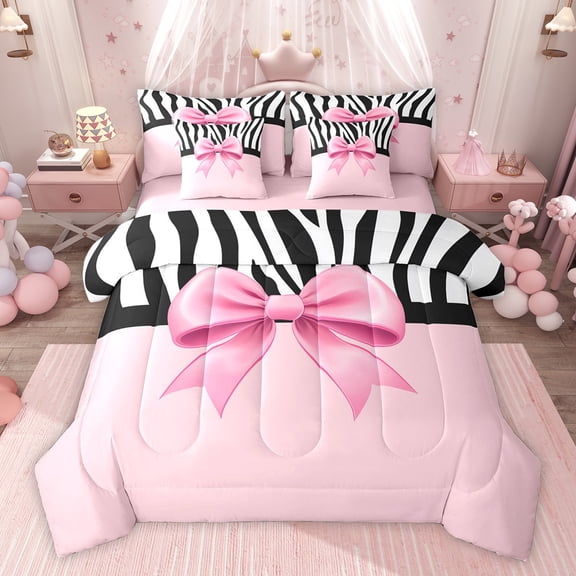 Feelyou Girly Kawaii Bow-tie Bedding Comforter Set 7 Pieces, Fashion Zebra Print Stripes Full Bedding Set, Cute Princess Bowknot Reversible Fitted Sheet Flat Sheet, Ultra Soft Bedroom Decor