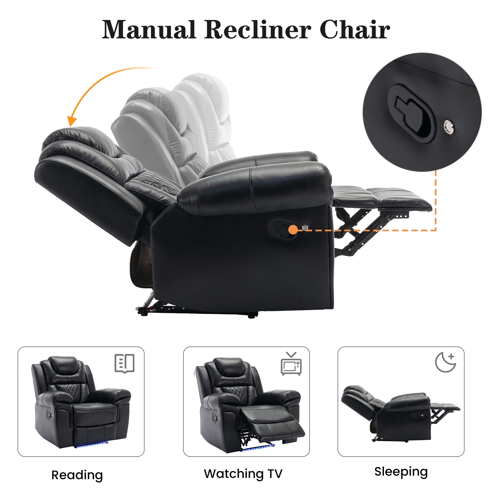 Euroco Home Theater Seating Manual Recliner Chair with LED Light Strip for Living Room,Bedroom, Black