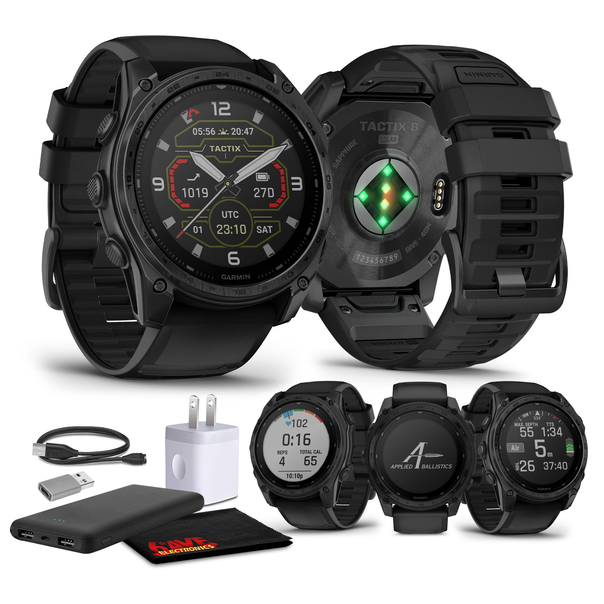 Garmin Tactix 8 51mm Solar Charged Display Elite Premium Tactical GPS Smartwatch, Includes Applied Ballistics Elite Solver, Built-in Flashlight, 48 Days Battery Life Bundle