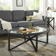 thumbnail image 2 of Modern Tempered Glass Coffee Table, Solid Wood Tripod Base Round Clear Tabletop, 250lb Capacity Anti-Scratch Design, Easy Clean, Living Room Terrace Study Table, Black, 2 of 9