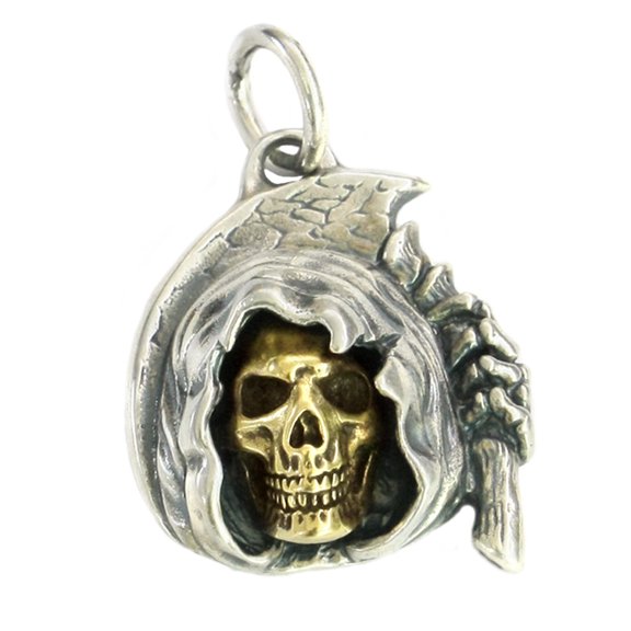 Brass Skull 925 Sterling Silver Sickle Death Pendant Biker Punk Jewelry TA53B