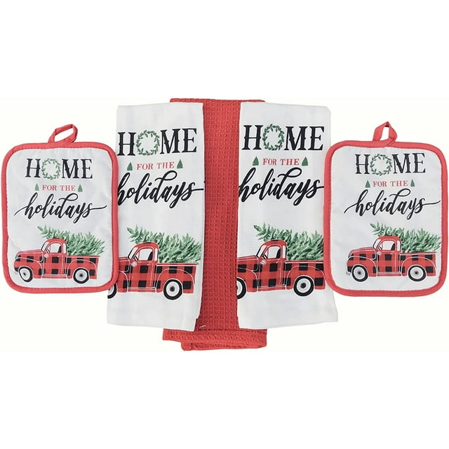 Christmas Holiday Kitchen Towels Pot Holders Set Country Red Check