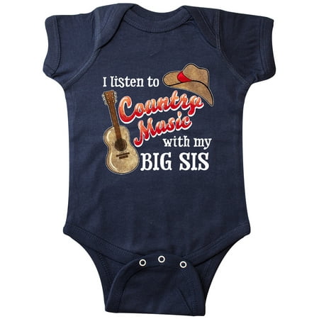 

Inktastic I Listen to Country Music with my Big Sis Guitar and Hat Gift Baby Boy or Baby Girl Bodysuit