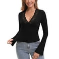 thumbnail image 3 of Galabris Women's Flare Long Sleeve Tops Sexy Lace Slim Fitted T-shirt Going Out Stretchy V Neck Tee, 3 of 7