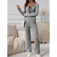 thumbnail image 4 of Women 2 Piece Knit Lounge Set Soft Stretchy Striped Outfit Long Sleeve Self-Tie Front Top High Waist Flare Pants, 4 of 9