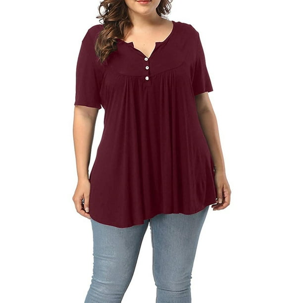 Women's Plus Size V-neck Short Sleeve Henley Shirts Buttons Up Pleated Blouse  Tunic Tops - Walmart.com