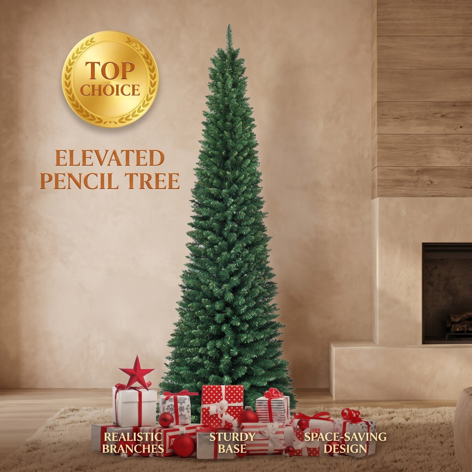 RUIE 7FT Artificial Slim Pencil Christmas Tree, PVC Unlit Narrow Xmas Tree with 700 Branch Tips and Sturdy Iron Stand for Home Holiday Corner Decor, Green