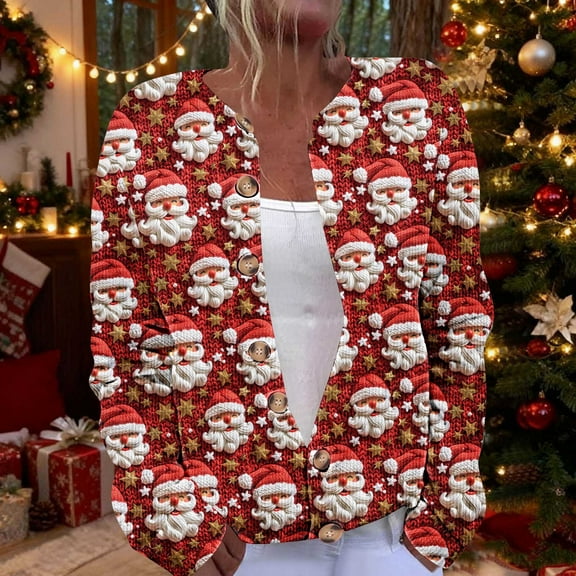 Open Front Cardigan for Women Christmas Graphic Button Down Open Front Xmas Sweaters Trendy Crewneck Long Sleeve Holiday Cardigans Casual Winter Outfits