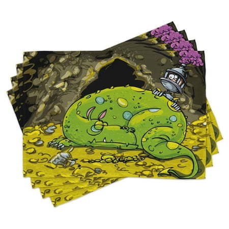 

Dragon Placemats Set of 4 Cute Creature Sleeping on A Pile of Gold and Scared Knight Peering over Kids Cartoon Washable Fabric Place Mats for Dining Room Kitchen Table Decor Multicolor by Ambesonne