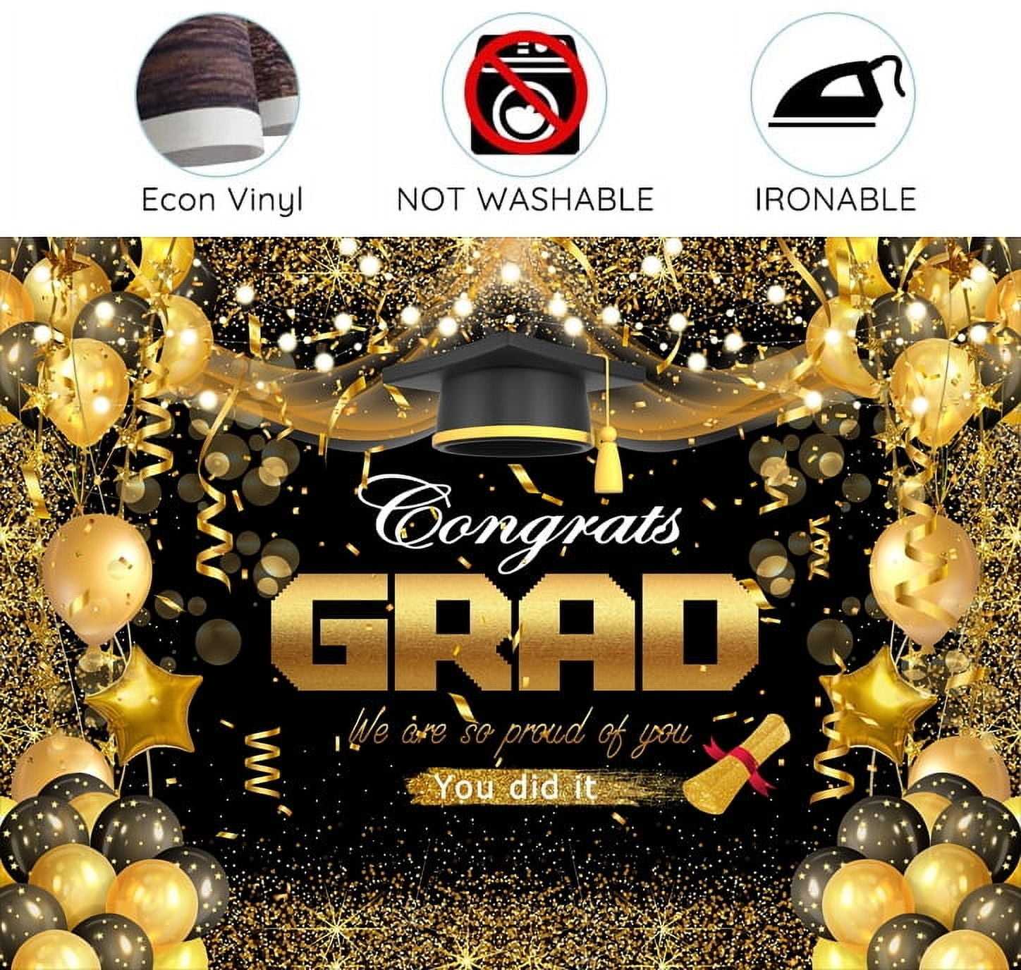 7 x 5 ft Congrats Graduation Backdrop Black Gold Glitter Balloons Celebrating Class of 2025 Party Background Graduate Party Ceremony Portrait Deocrations Props Banner