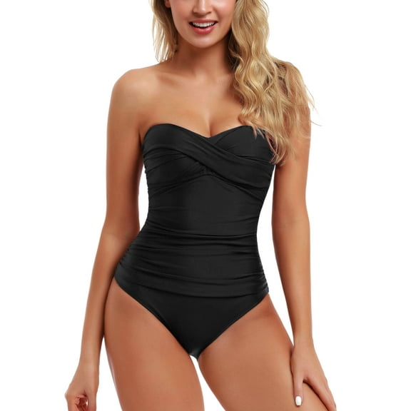 Hilor Women's Bandeau One Piece Swimsuits Front Twist Swimwear Ruched Bathing Suits Tummy Control
