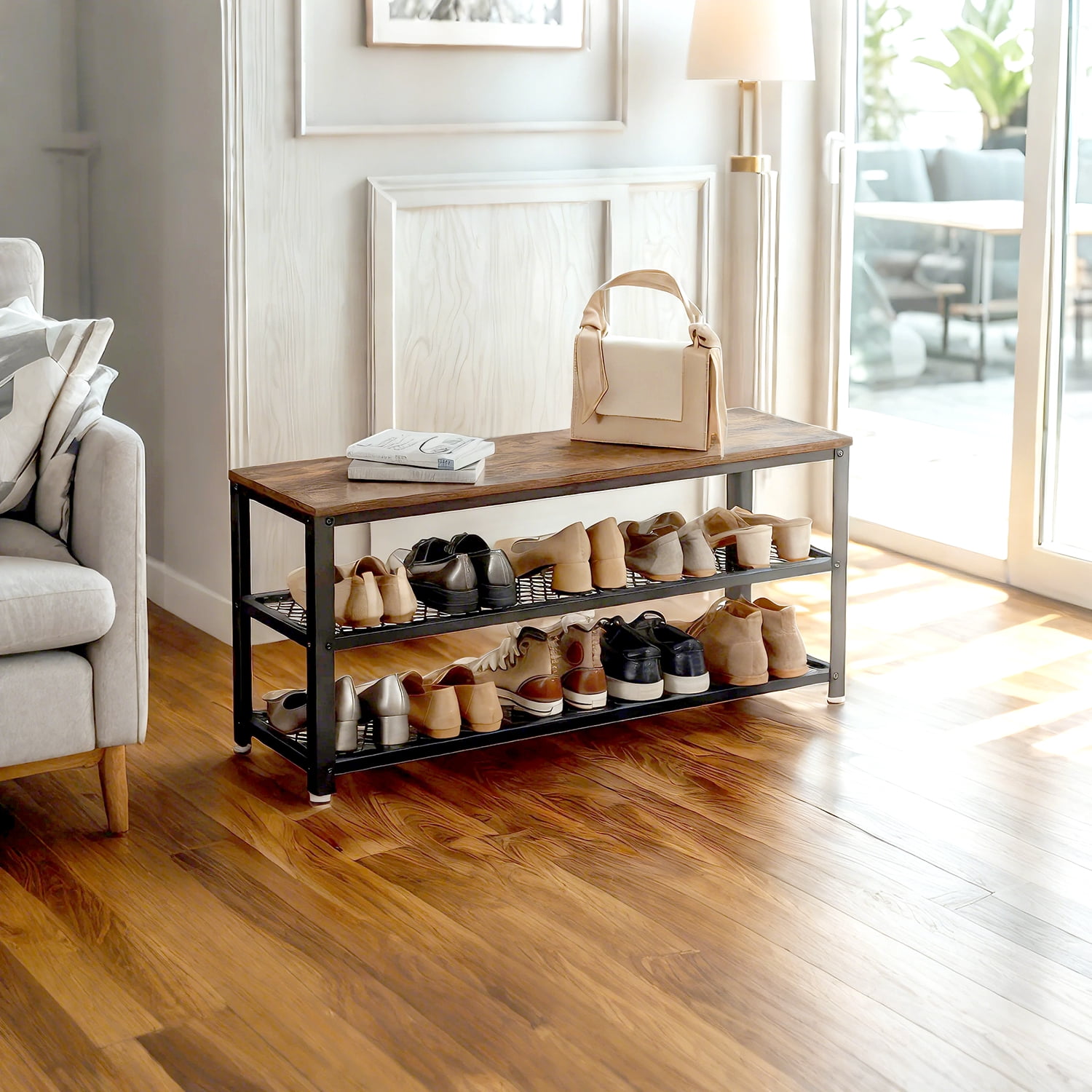 LEDREM 3-Tier Shoe Rack Bench, Free Standing Shoe Organizer with Metal Mesh Shelves & Seat, 39.4 Inch, Rustic Brown & Black