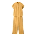 thumbnail image 4 of LEKWK Linen Sets for Women 2 Piece Short Sleeve Stand Collar Henley Tops and Loose Wide Leg Pants with Pockets Summer Casual Fashion Vacation Workwear, 4 of 7