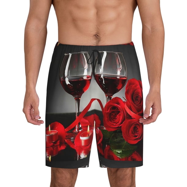 Fotbe Red Wine Rose Pantalones Cortos de Pijama para Hombre, Ropa de Dormir, Pantalones de Pijama Cortos para Hombre-X-Large