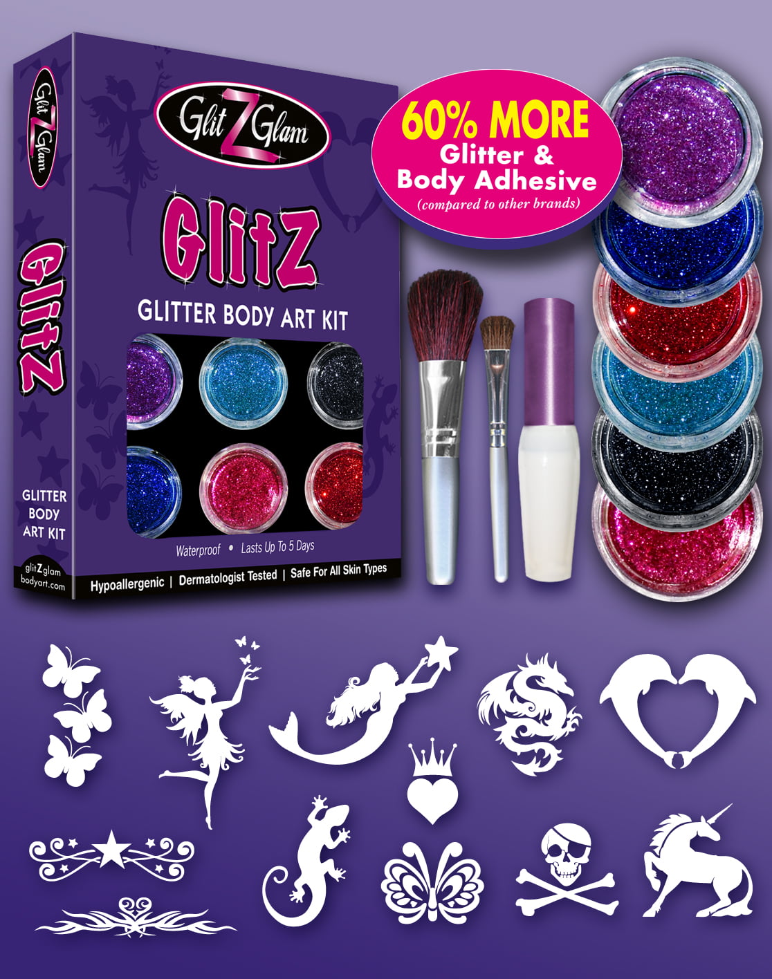 Glitter Tattoo Kit- NEW GLITZ Children Tattoos by GlitZGlam Body Art 69183 with 6 Large Glitters & 12 Stencils for boys & Girls HYPOALLERGENIC and DERMATOLOGIST TESTED! 