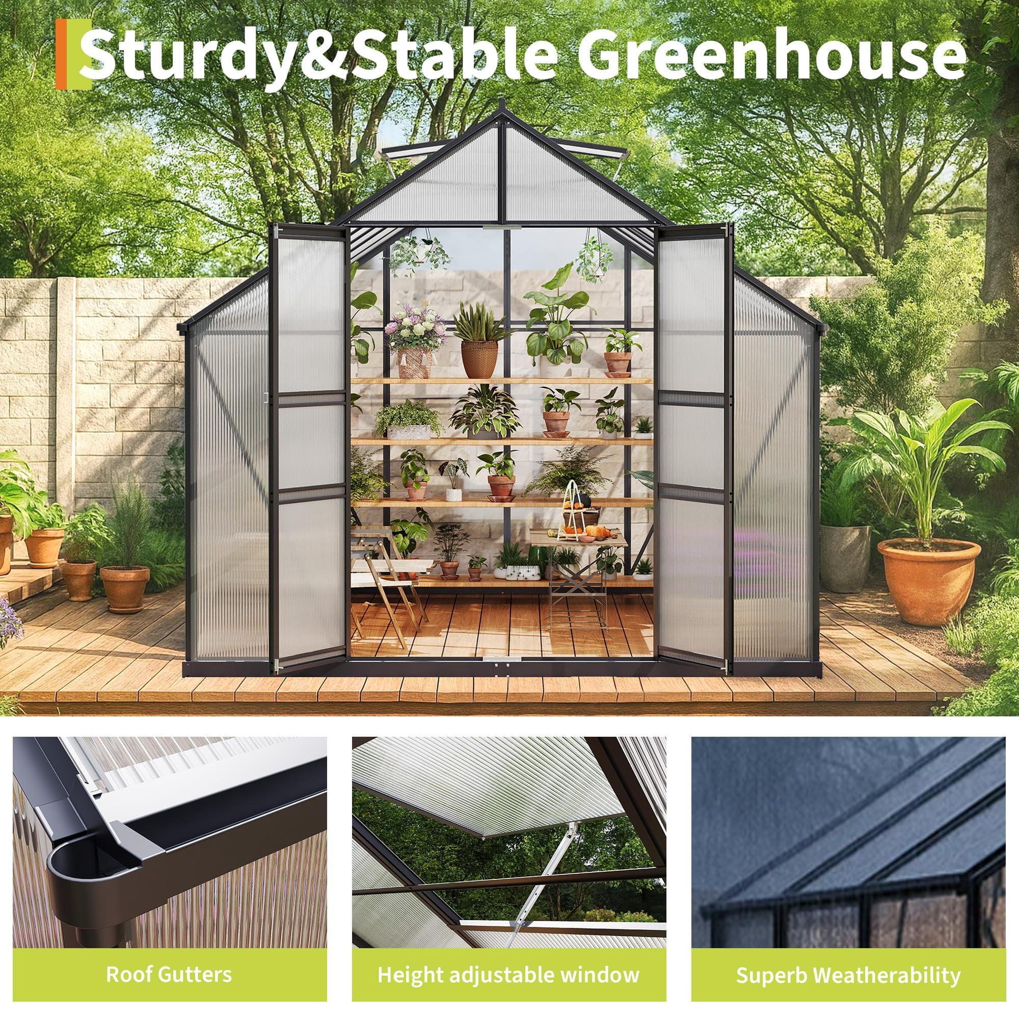 12x8ft Heavy Duty Walk-in Greenhouse, Aluminum Frame & Twin Wall Polycarbonate Panels, Ventilated with Rain Gutter System for Backyard & Patio Gardening