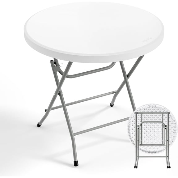 SAZYY Round Folding Table 32 inch, HDPE Plastic Small Tabletop with Steel Frame Foldable Card Table for Indoor Outdoor Outside Dining, Party and Commercial Event, White
