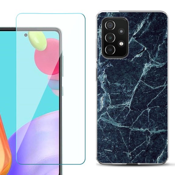 Slim-Fit Flexible Gel TPU Phone Case compatible with Samsung Galaxy A52 5G, with Tempered Glass Screen Protector, by OneToughShield ® - Marble / Blue