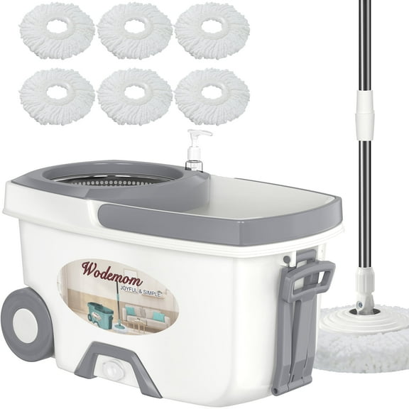 Tsmine FunClean 360 Spin Mop Set with Wringer, 61" Extendable Pole    6 Refills