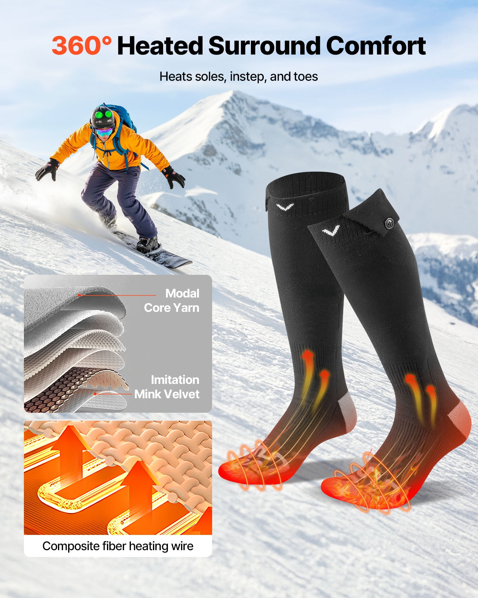VEVOR Heated Socks, 5000mAh Battery Powered, Rechargeable Heating Socks with 4 Heating Levels, Electric Heated Sock for Men Women, Foot Warmer for Hunting Riding Camping Hiking Skiing, Outdoor Work