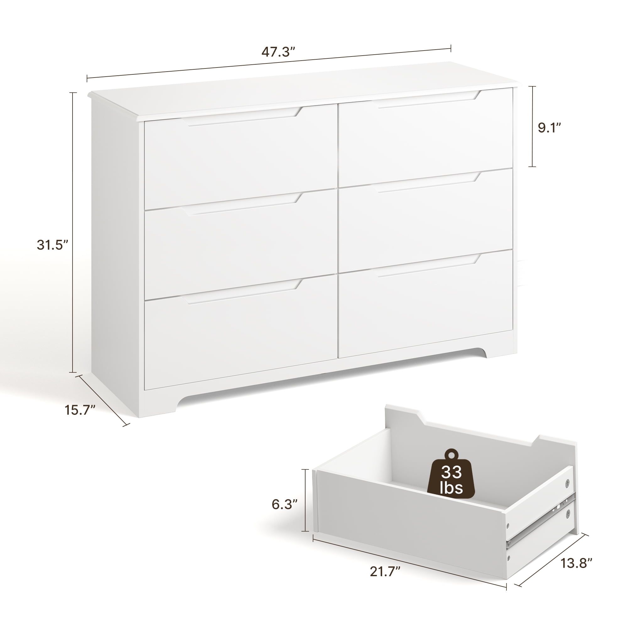 Dresser for Bedroom, Lofka 6 Drawer Double Dresser with Cutout Handles, Large Storage Capacity, Anti-Tip Safety, Modern Wood Chest of Drawers, Smooth Metal Rail, White