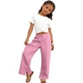 thumbnail image 2 of KyCheLot Girls Cotton Linen Pants Hem Slit Summer Comfy Wide Leg Elastic Waist Lounge Pant with Pockets, 2 of 6