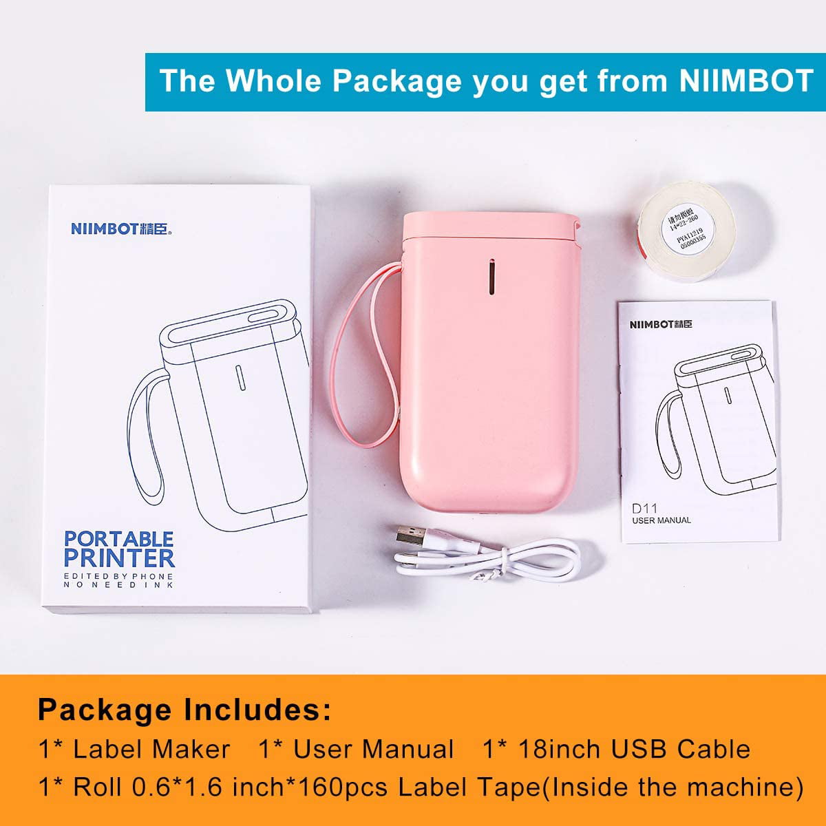 NIIMBOT D11 Label Maker Machine All-in-One Handheld Rechargeable Label Printer Wireless Connection with Smartphone for Office Home Organization No Ink Consumption