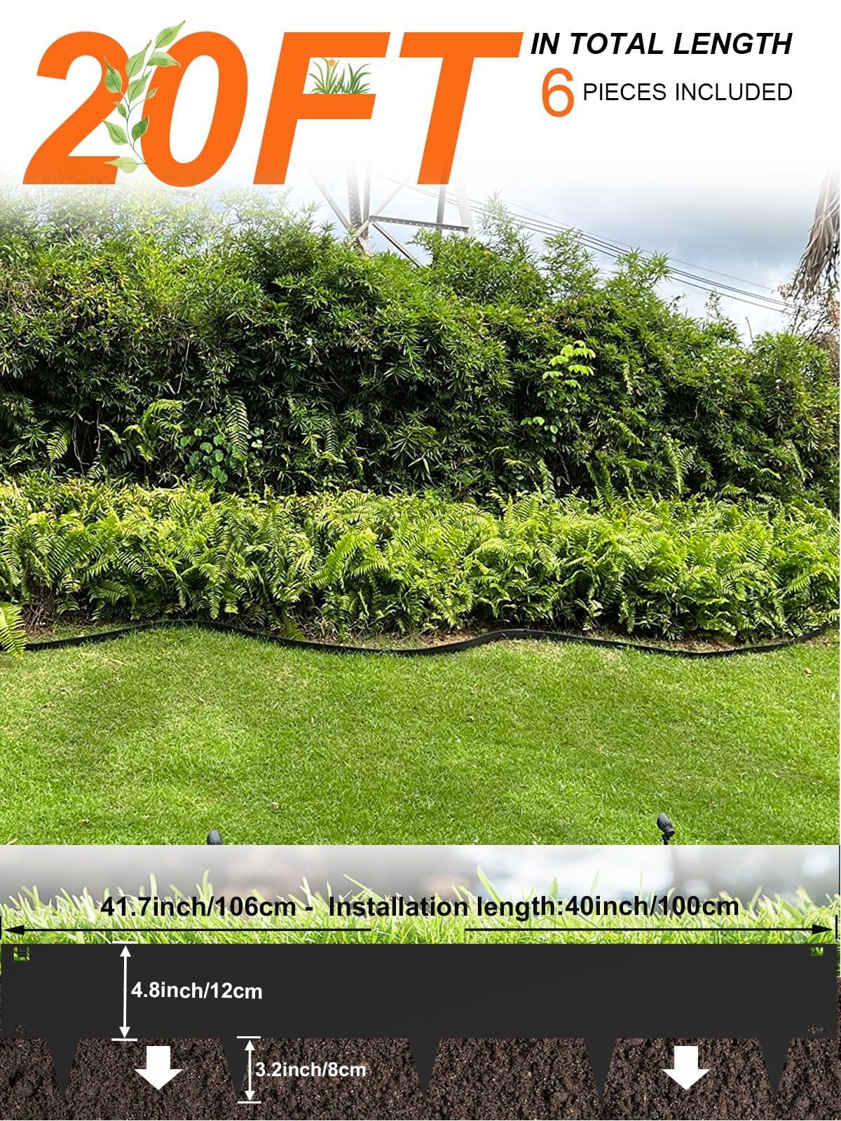 Vinci Landscape Edging Border, 40" L x 8" H 6Pack 20FT Total Black Galvanized Steel Garden Edging,Easy Installation,Sturdy Elegant Metal Lawn Broder for Flower Beds, Pathways, Paver Edges and Yard