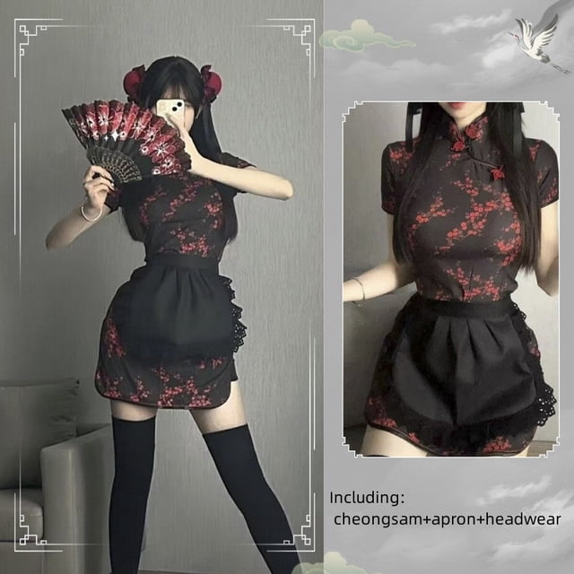 Disfraz chino de sirvienta Cheongsam para mujer, traje de mucama de Lolita, delantal, vestido, uniforme, muñeca china, juego de rol, Sexy, 3 piezas