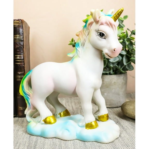 Pastel Colors Rainbow Mane Gold Horn Unicorn Mare Horse On Clouds Figurine Decor