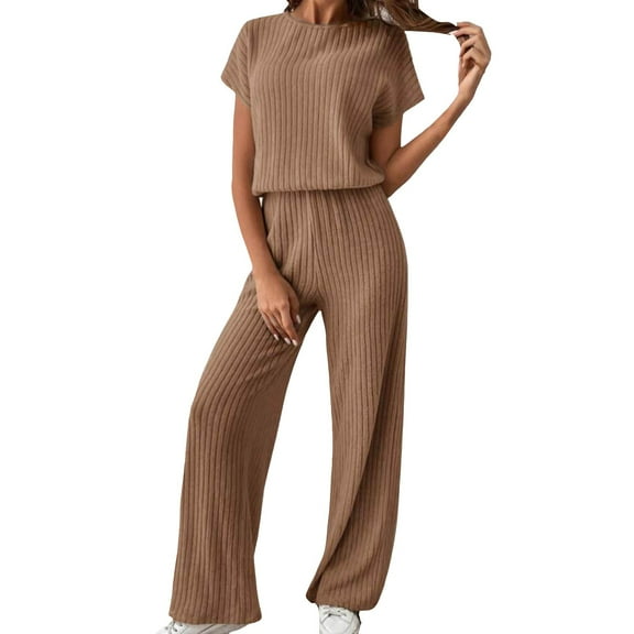 TTUHYWXI Women's 2two Piece Outfits Sweater Sets Casual Loose Knit Crewneck Short Sleeve Tops Wide Leg Pants (Khaki, L)