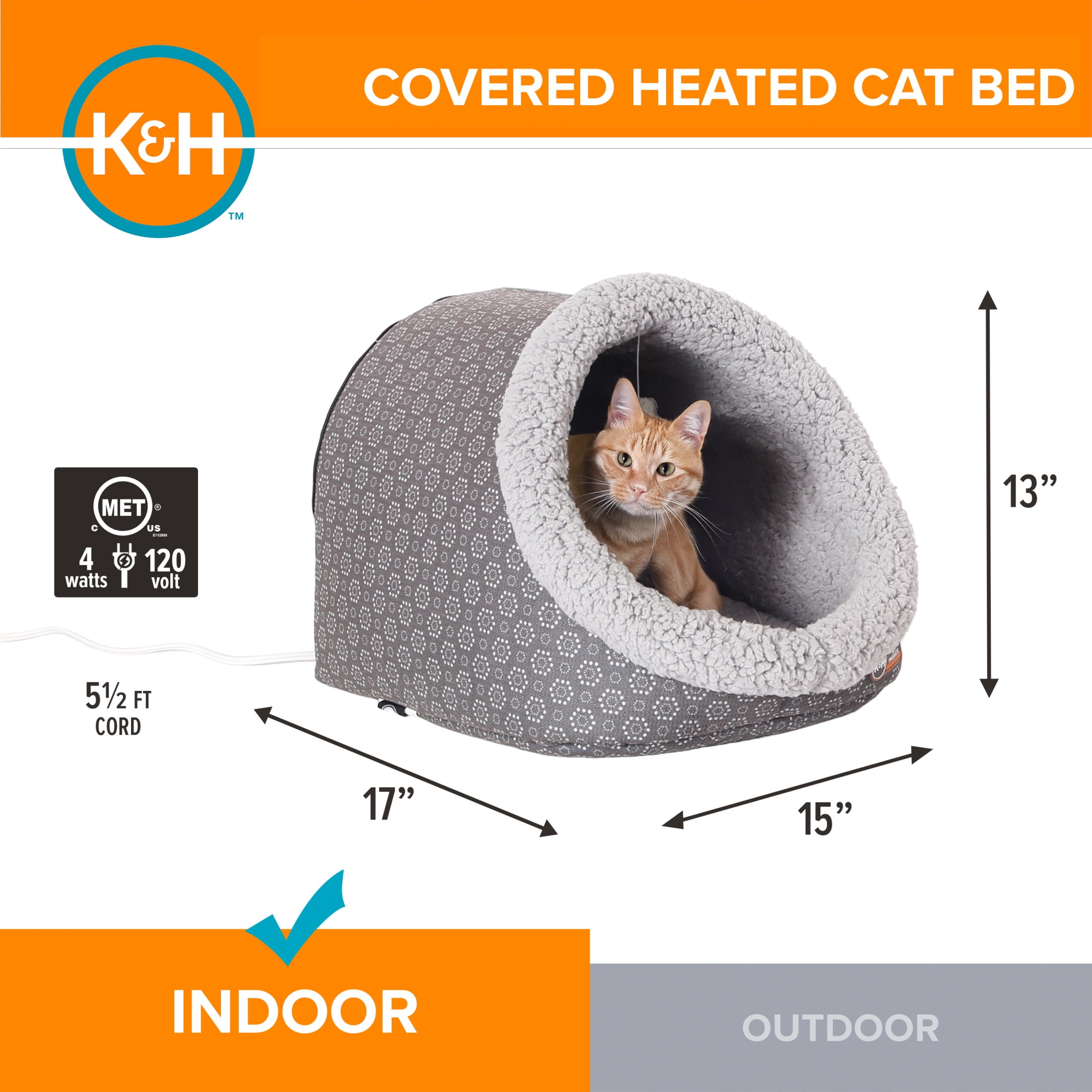 K&H Pet Products Thermo-Pet Cave Cat Bed Heated Gray/Geo Flower 17 X 15 X 13 Inches